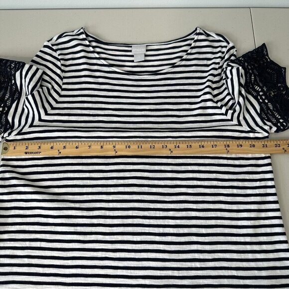 Chicos Knit Top Tee Size XL Navy White Stripe Slub Lace Hem Nautical - Picture 8 of 10